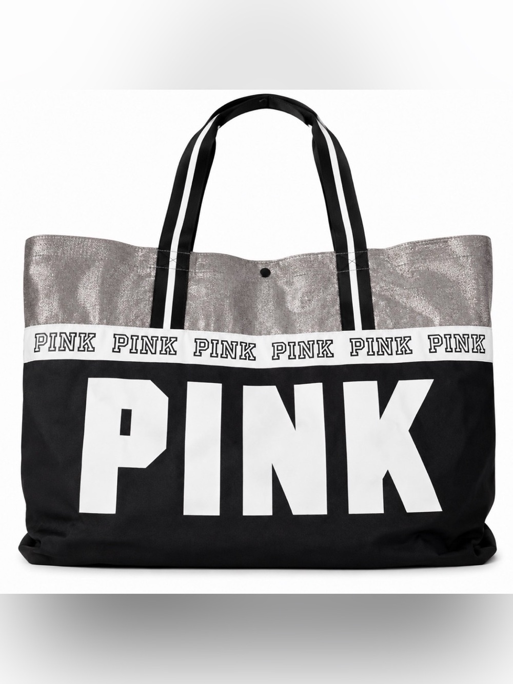 Victoria’s Secret PINK Y2K Large Tote Bag Black Silver Glitter Beach Gym Travel